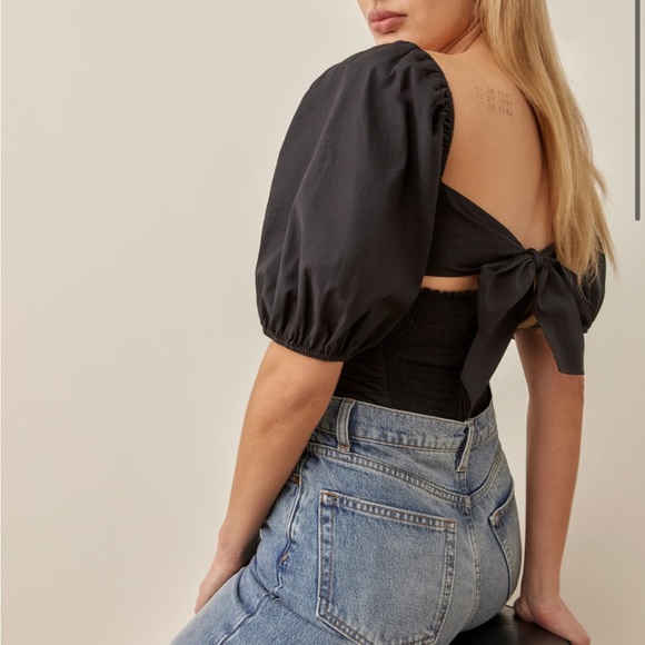 Reformation Barry Top - Black Puff Sleeve Cotton Cropped Blouse - Picture 2 of 6